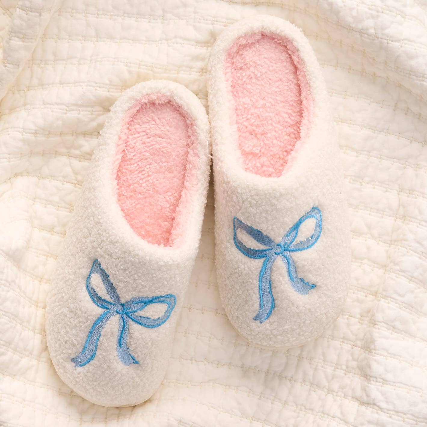 Fuzzy Slippers-Bow Blue (Mixed - 2 S/M and 2 M/L)
