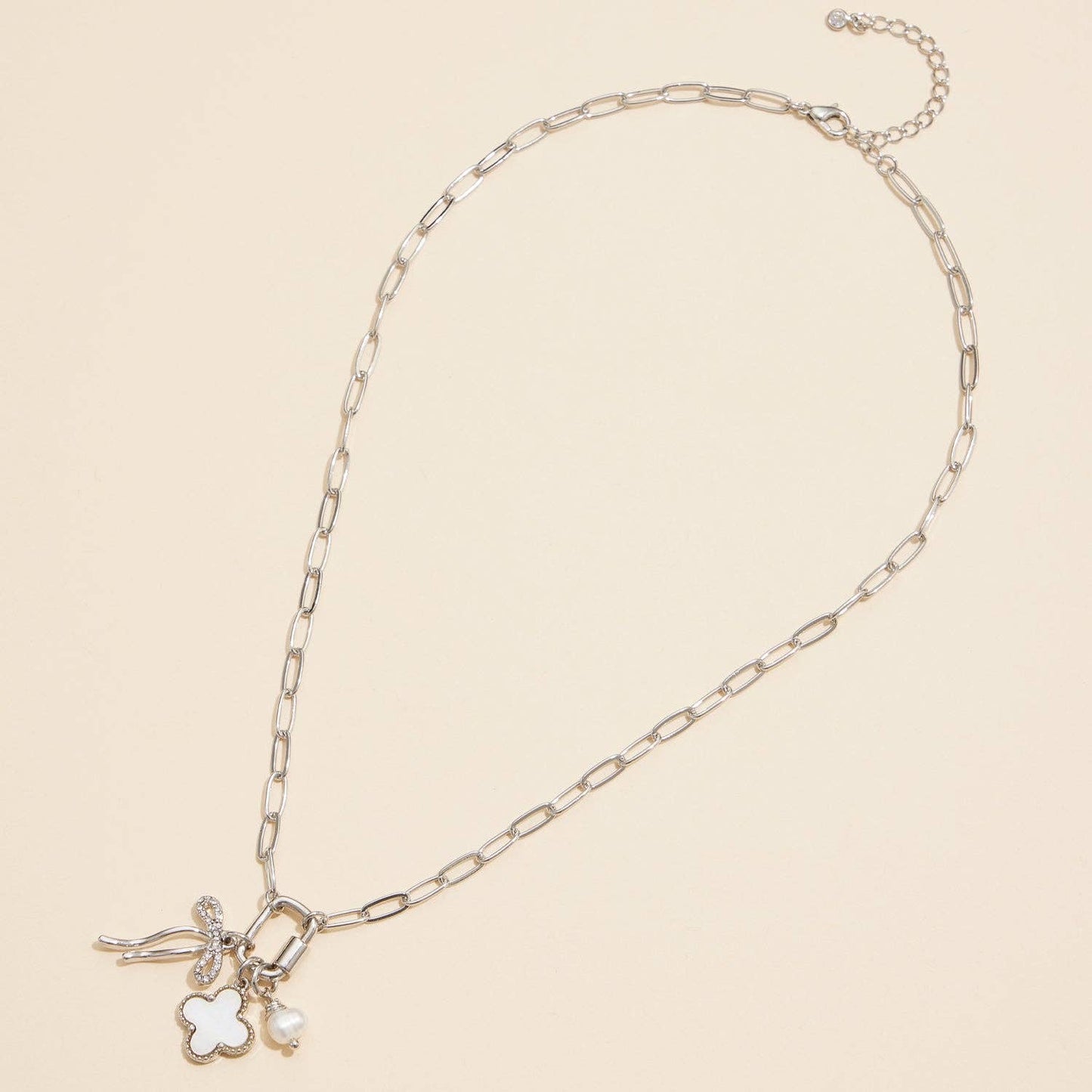 Gold Dipped Bow Charm Necklace with Clover and Pearl: Gold / One / 4DN18068