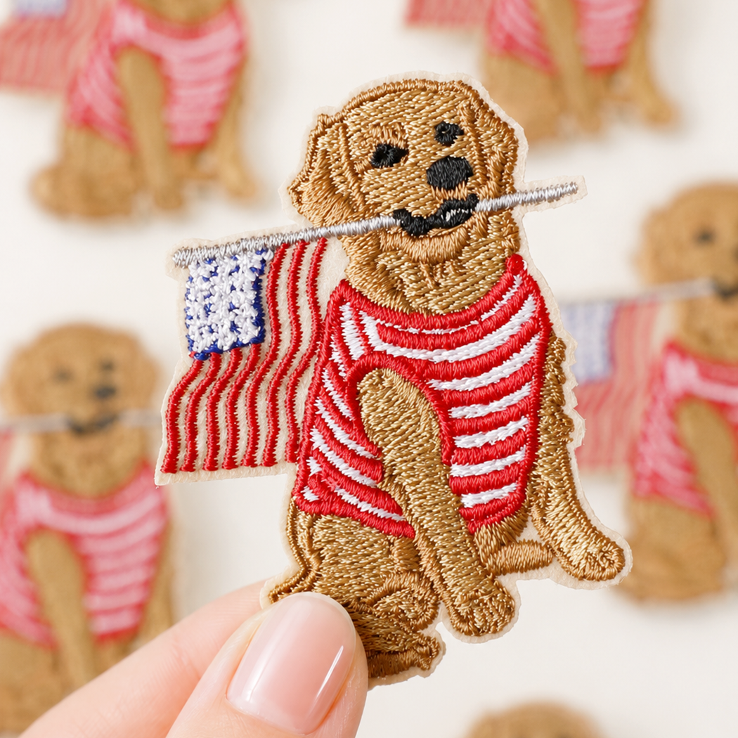 Dog Holding USA Flag Embroidered Patch: MULTI / ONE SIZE