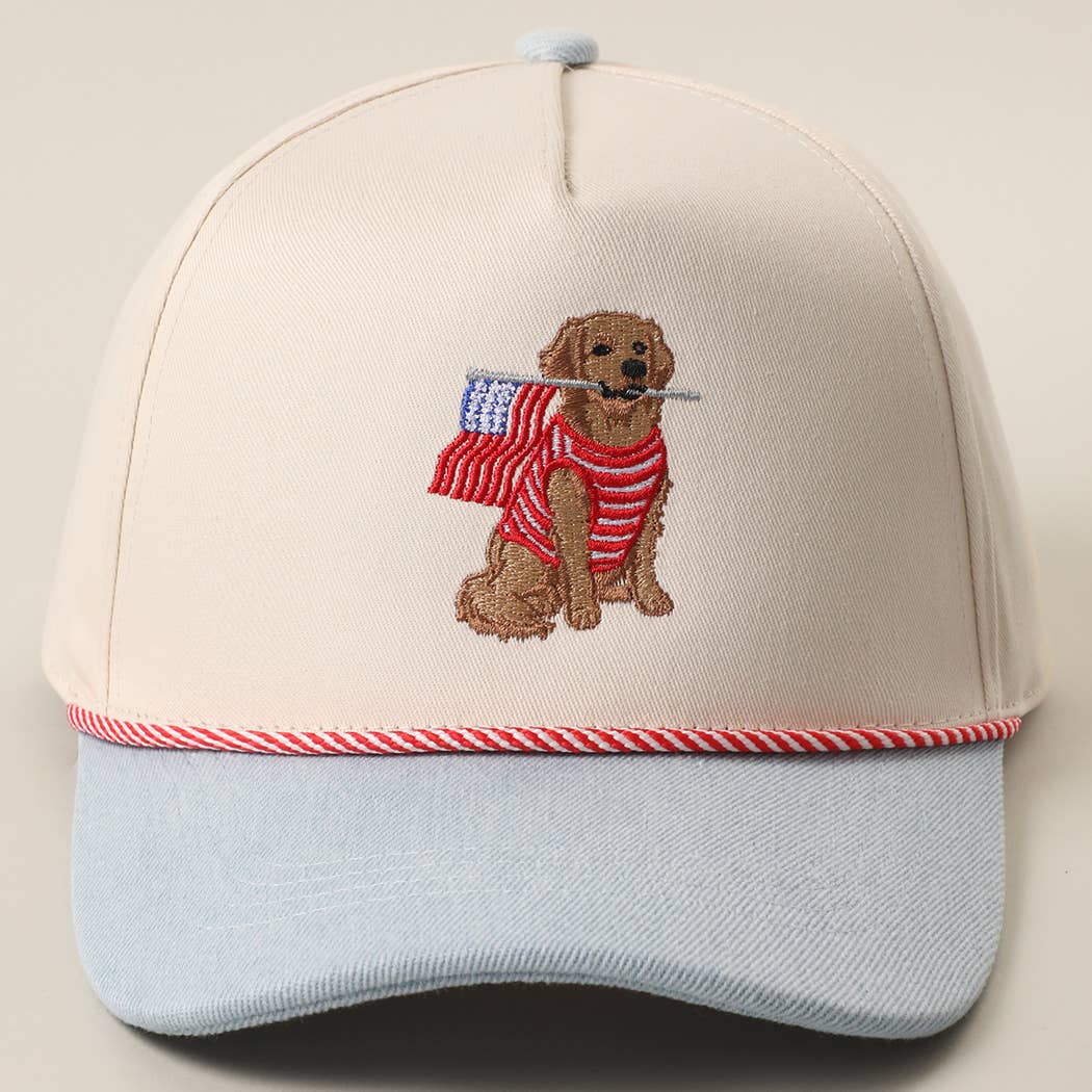 Golden Retriever Holding USA Flag Denim Brim Trucker Hat: DK DENIM / ONE SIZE