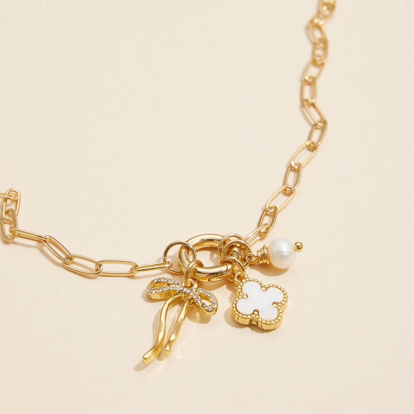 Gold Dipped Bow Charm Necklace with Clover and Pearl: Gold / One / 4DN18068