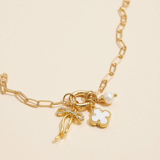 Gold Dipped Bow Charm Necklace with Clover and Pearl: Gold / One / 4DN18068