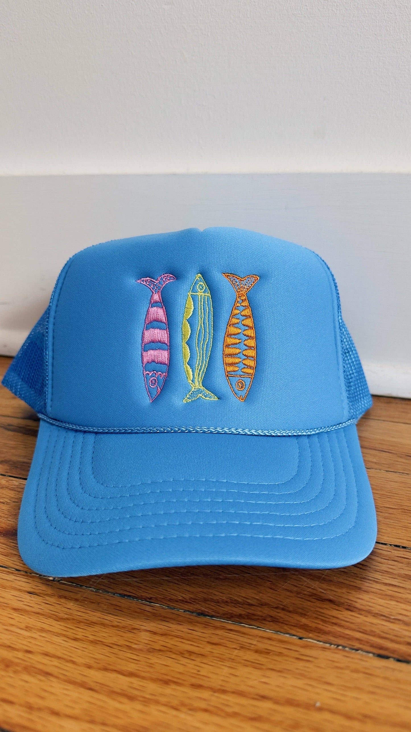 Sardine Hat: Tan hat | light blue green + blue thread