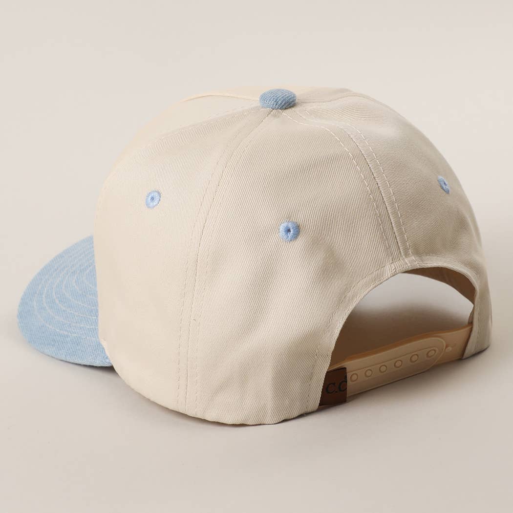 Floral American Flag Embroidered Two-Tone Denim Trucker Hat: LT DENIM / ONE SIZE