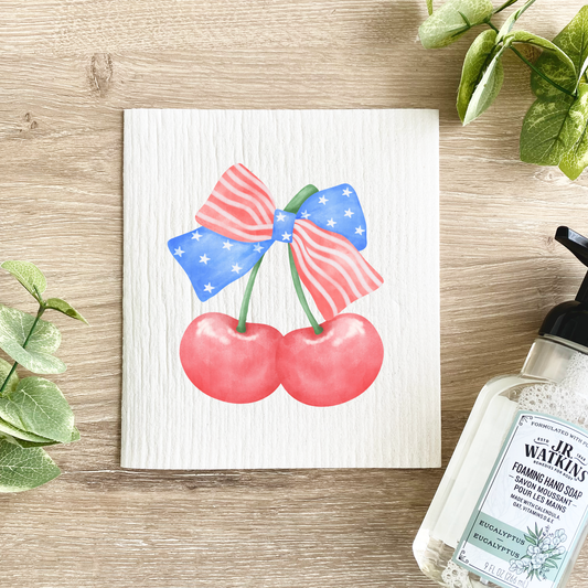 Cherry Bow American Flag Heart - Swedish Dishcloth