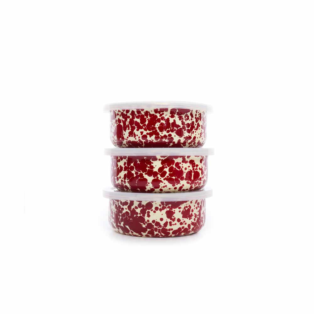 Splatter Enamelware 3-pc Storage Bowl Set: Burgundy & Cream