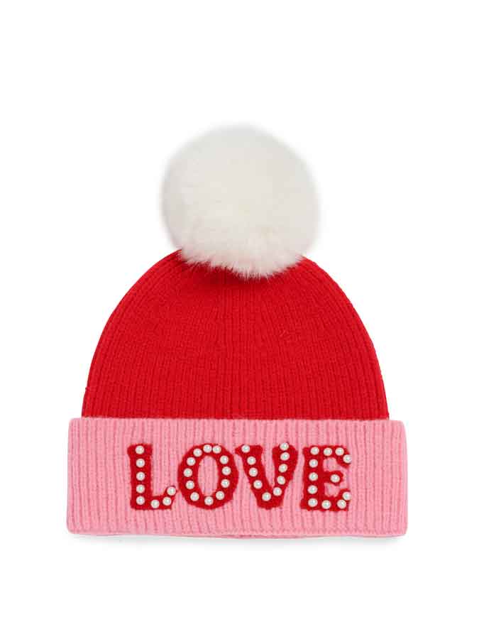 "LOVE" BEANIE WITH PEARLS,RED