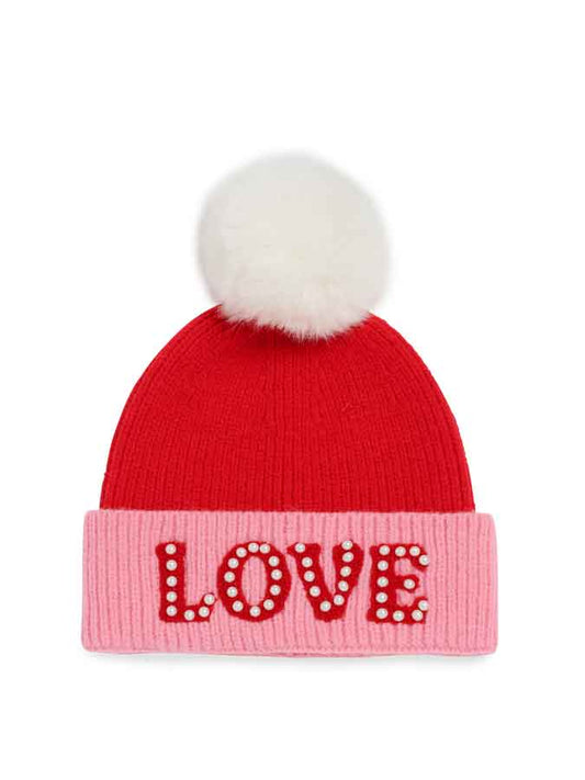 "LOVE" BEANIE WITH PEARLS,RED