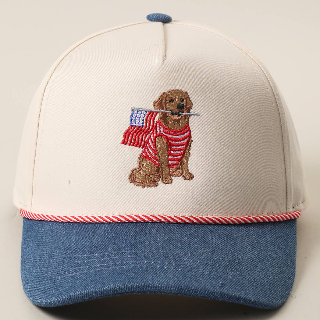 Golden Retriever Holding USA Flag Denim Brim Trucker Hat: DK DENIM / ONE SIZE