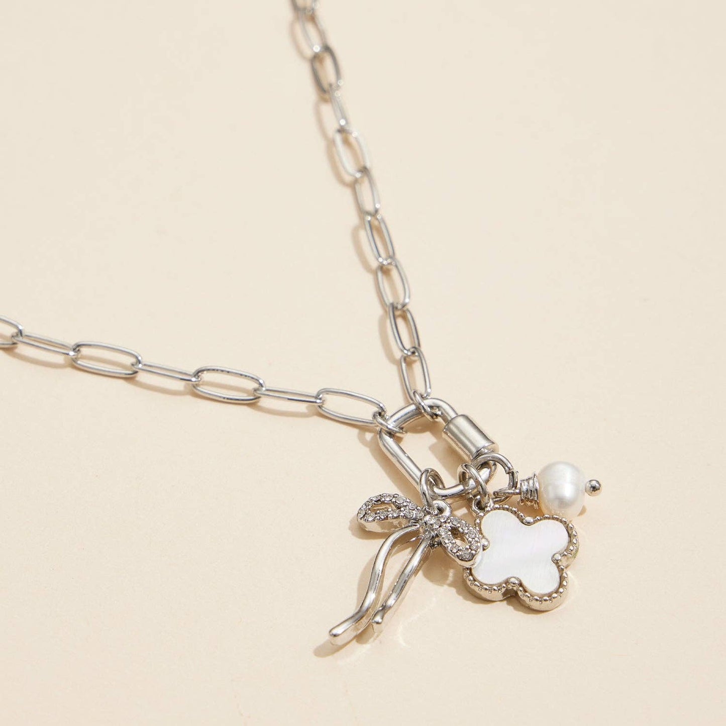 Gold Dipped Bow Charm Necklace with Clover and Pearl: Gold / One / 4DN18068