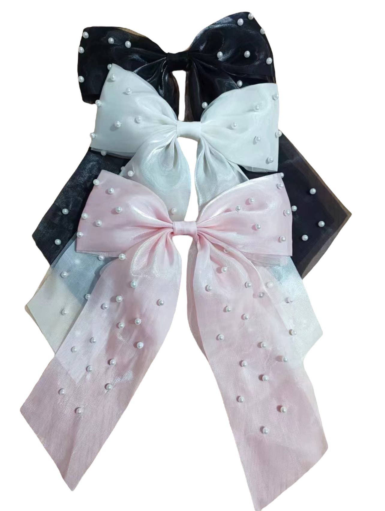 New TikTok Long Chiffon Pearl Hair Bows for Spring 3 Colors
