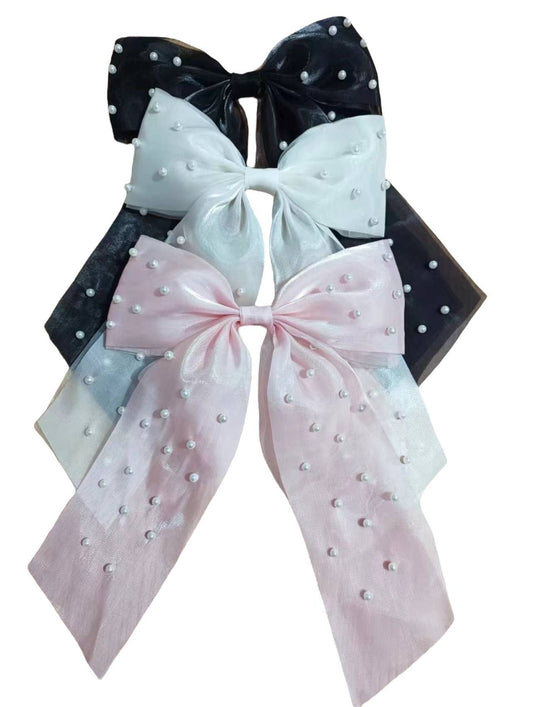 New TikTok Long Chiffon Pearl Hair Bows for Spring 3 Colors