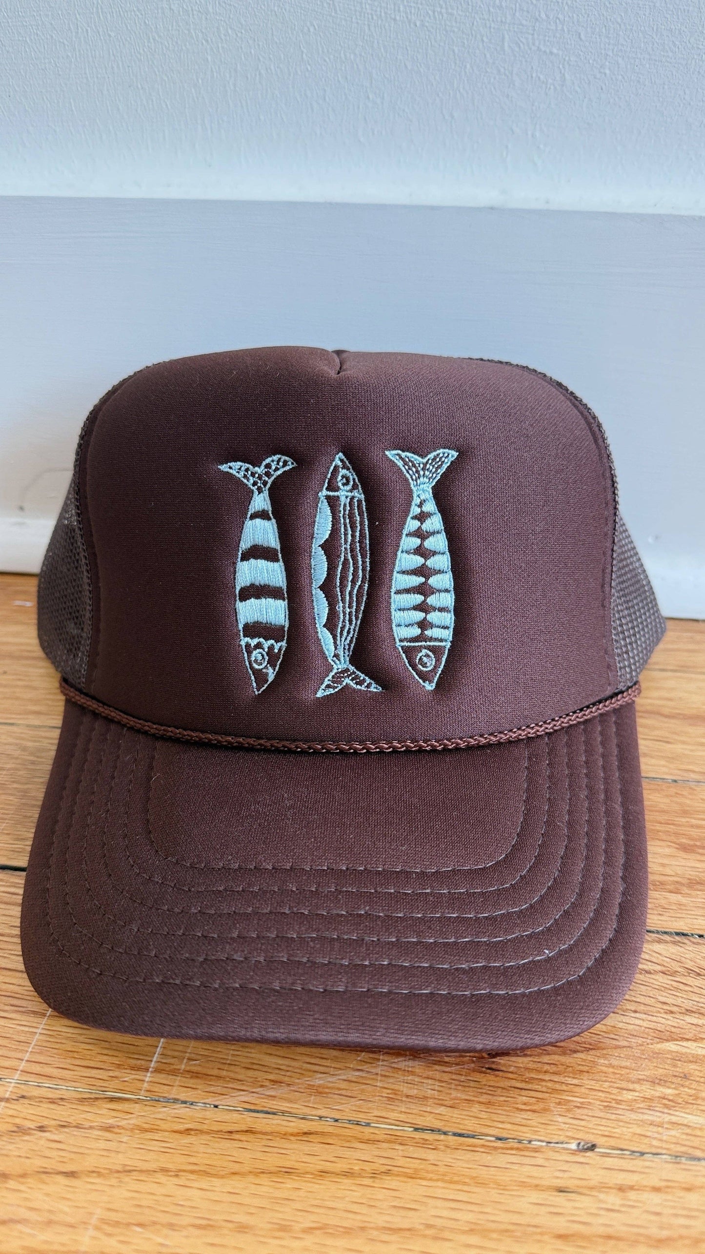 Sardine Hat: Tan hat | light blue green + blue thread