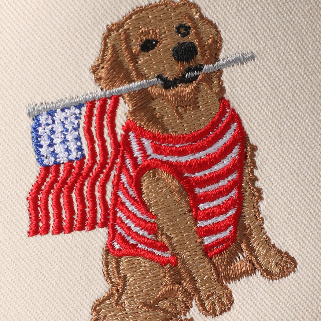 Golden Retriever Holding USA Flag Denim Brim Trucker Hat: DK DENIM / ONE SIZE