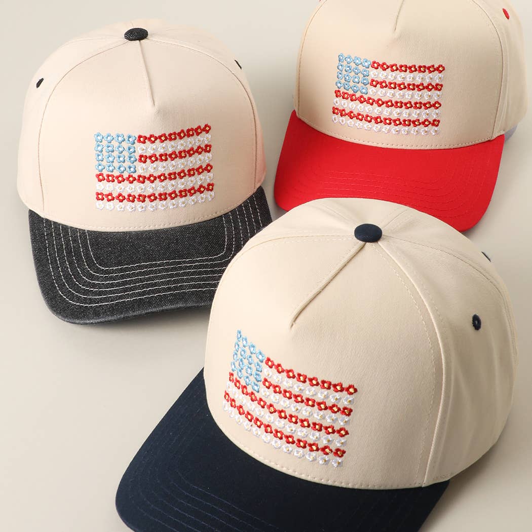 Floral American Flag Embroidered Two-Tone Denim Trucker Hat: LT DENIM / ONE SIZE