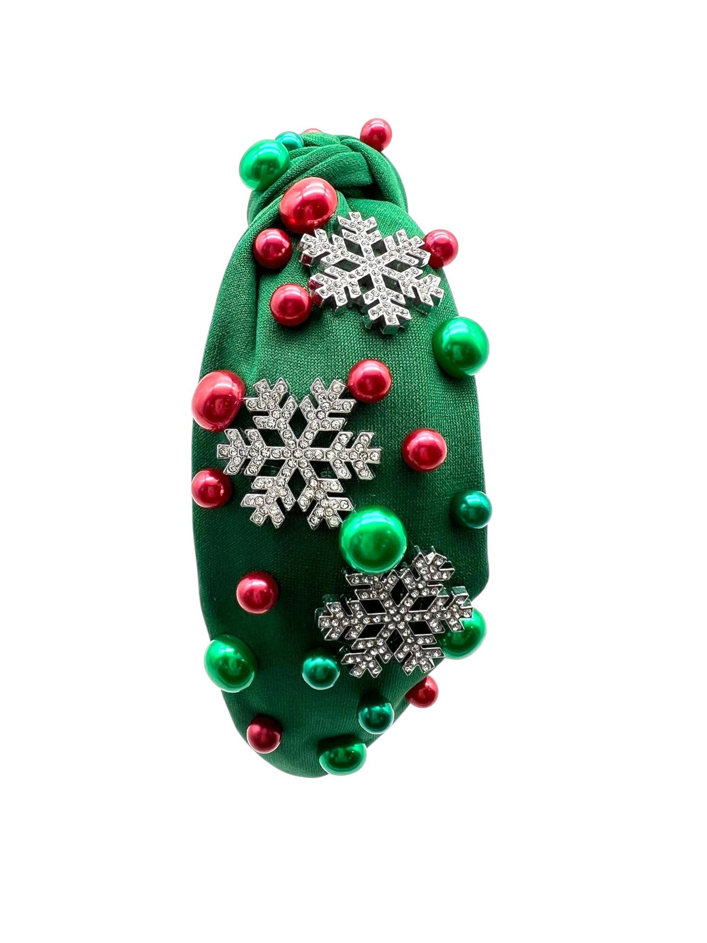 Holiday Christmas Snowflake Green Jewel Pearl Knot Headband