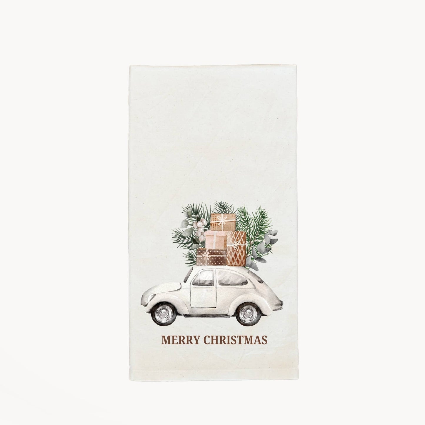 Handmade Cotton Tea Towel - Festive Christmas : 1. CAR WITH TREE