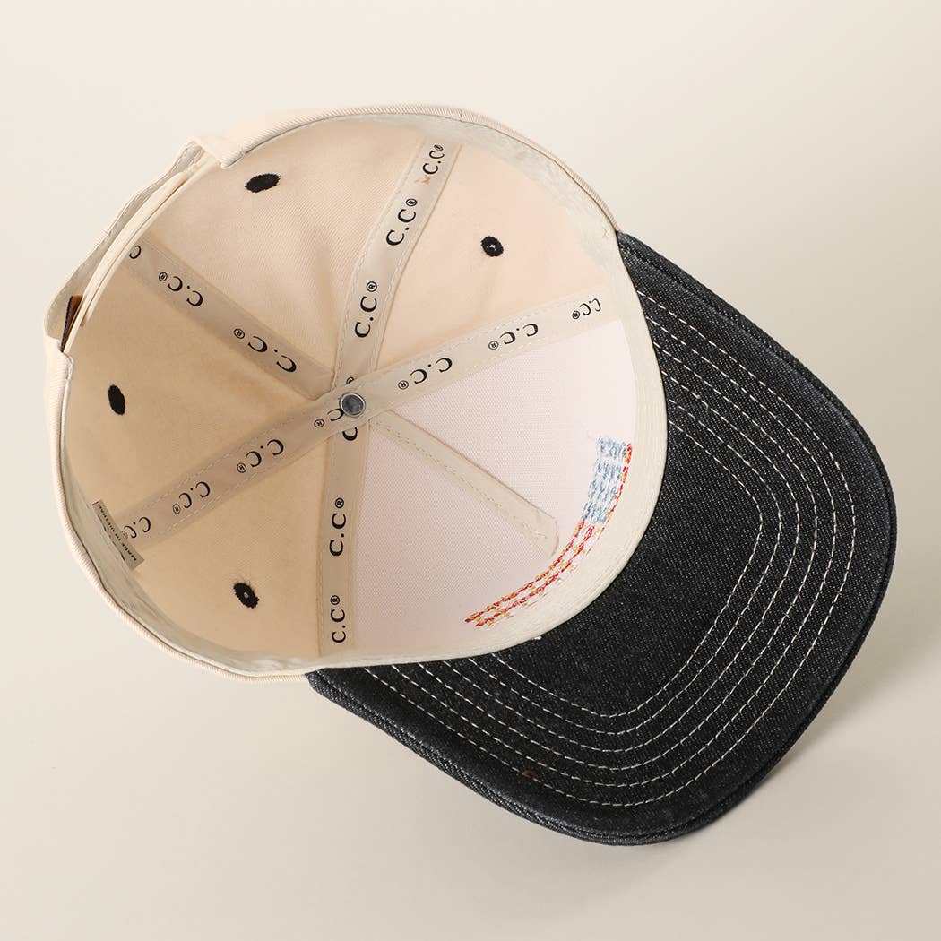 Floral American Flag Embroidered Two-Tone Denim Trucker Hat: LT DENIM / ONE SIZE