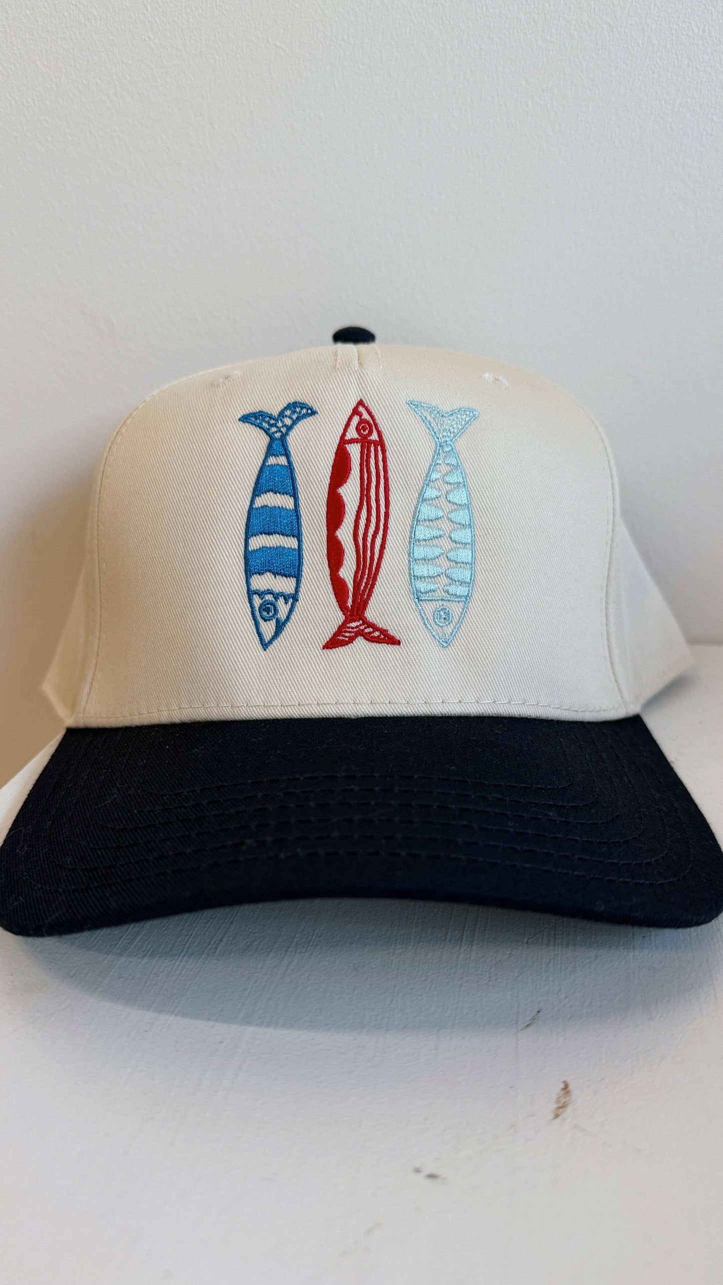 Sardine Hat: Tan hat | light blue green + blue thread