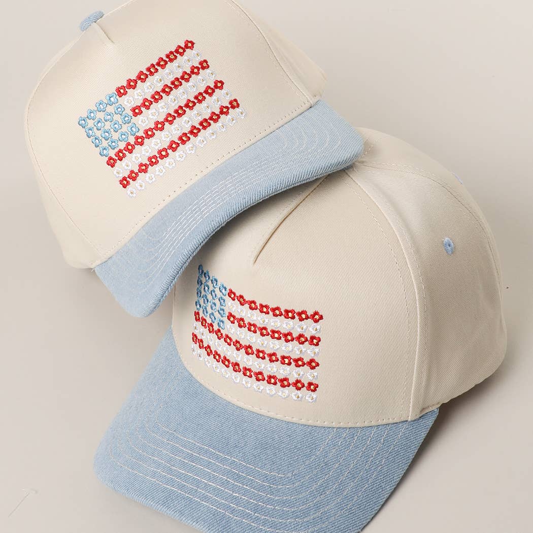 Floral American Flag Embroidered Two-Tone Denim Trucker Hat: LT DENIM / ONE SIZE