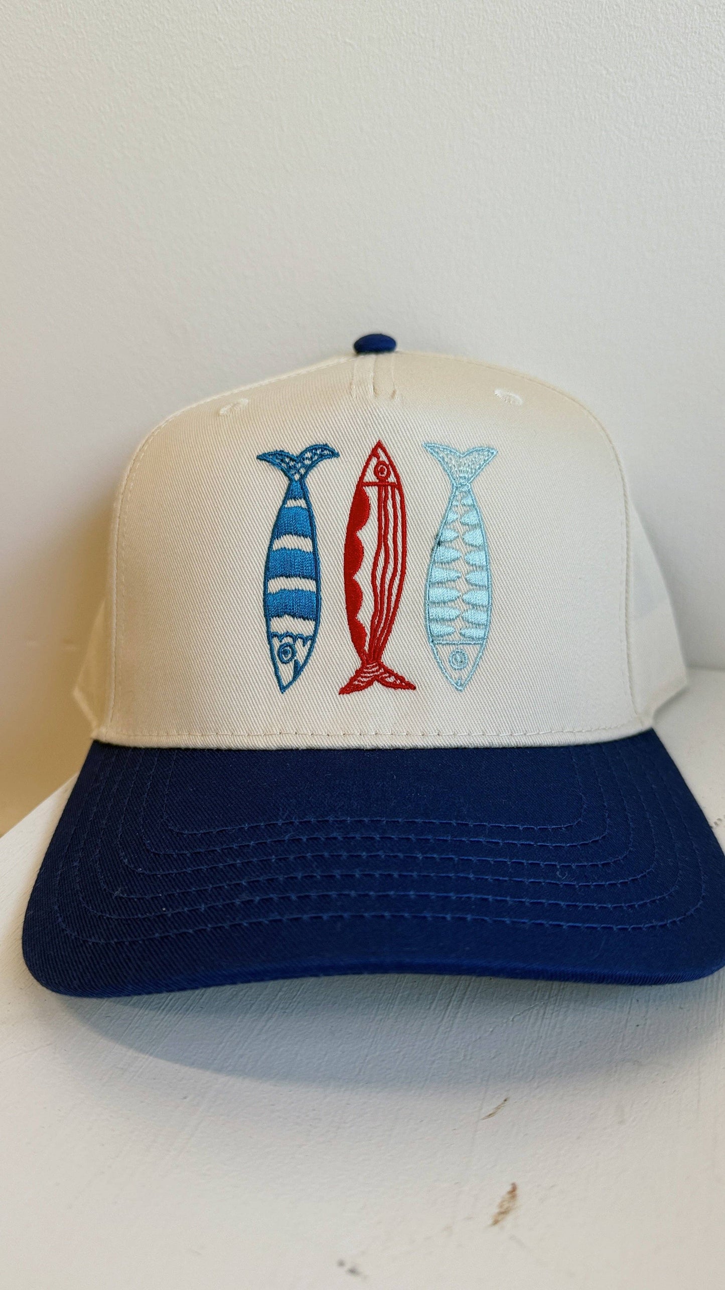 Sardine Hat: Tan hat | light blue green + blue thread
