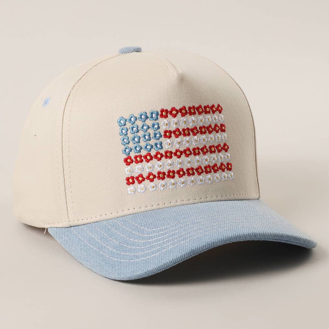 Floral American Flag Embroidered Two-Tone Denim Trucker Hat: LT DENIM / ONE SIZE