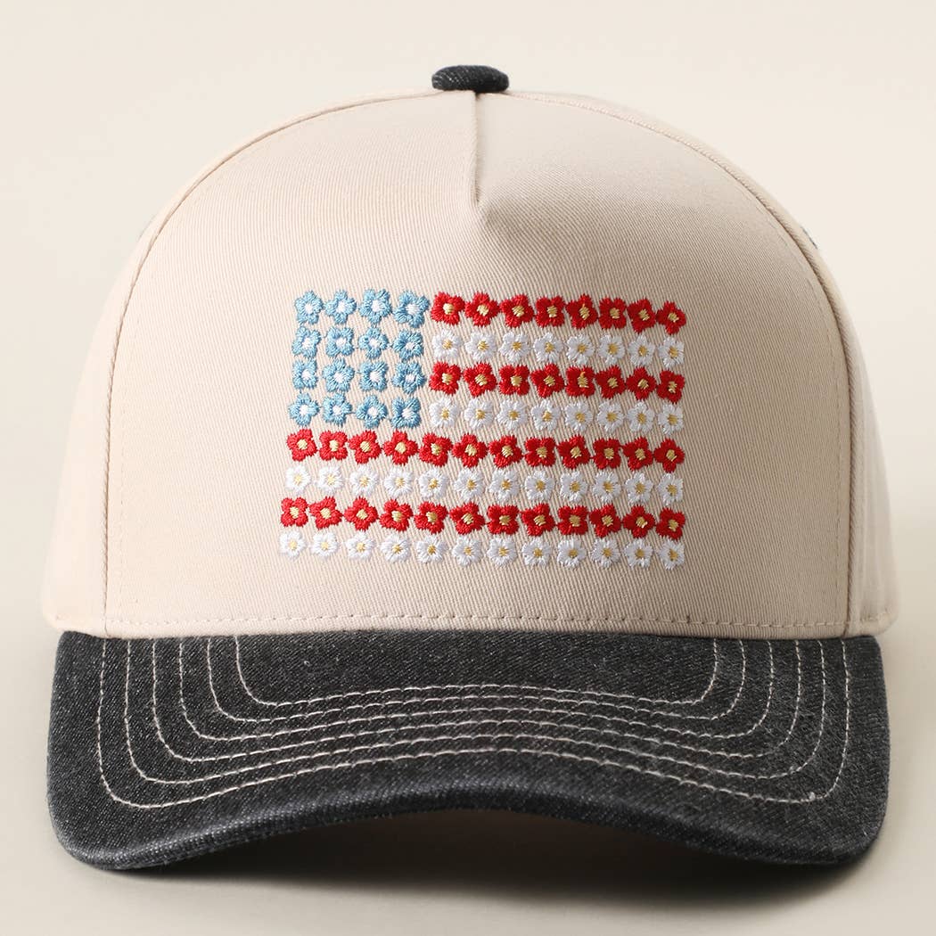 Floral American Flag Embroidered Two-Tone Denim Trucker Hat: LT DENIM / ONE SIZE