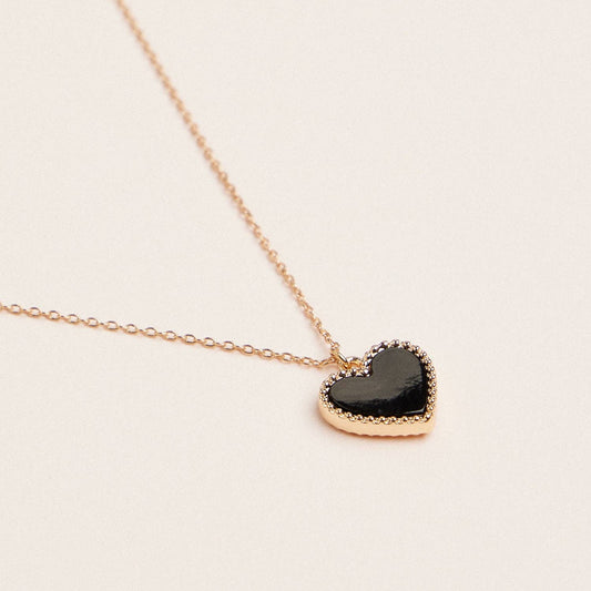 Gold Heart Pendant Necklace with Enamel and Crystal Charm: Black