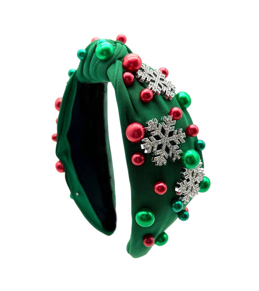 Holiday Christmas Snowflake Green Jewel Pearl Knot Headband