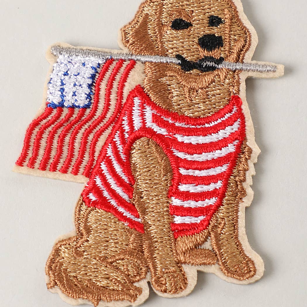 Dog Holding USA Flag Embroidered Patch: MULTI / ONE SIZE
