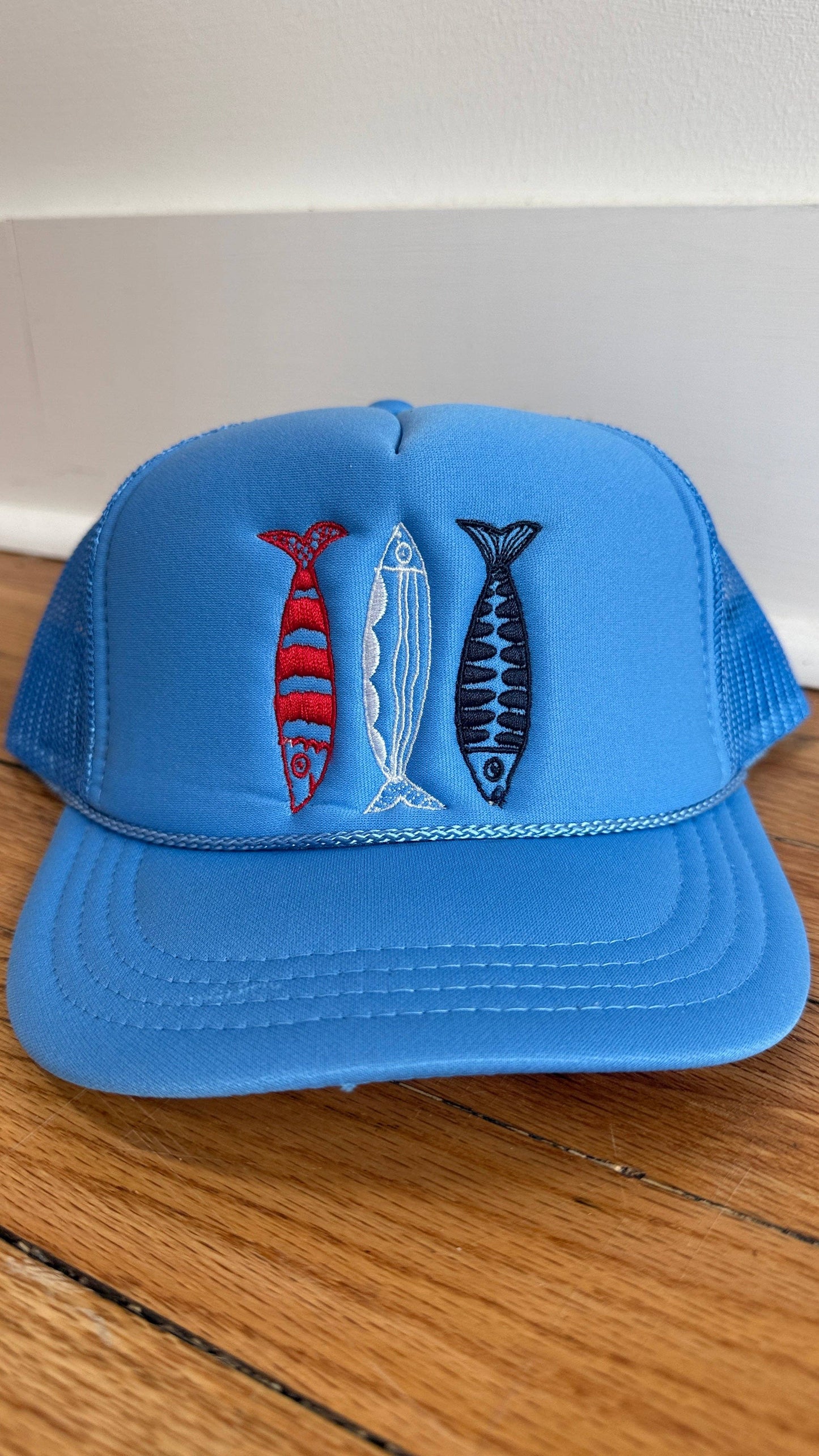 Sardine Hat: Red + tan canvas hat | red white + blue thread