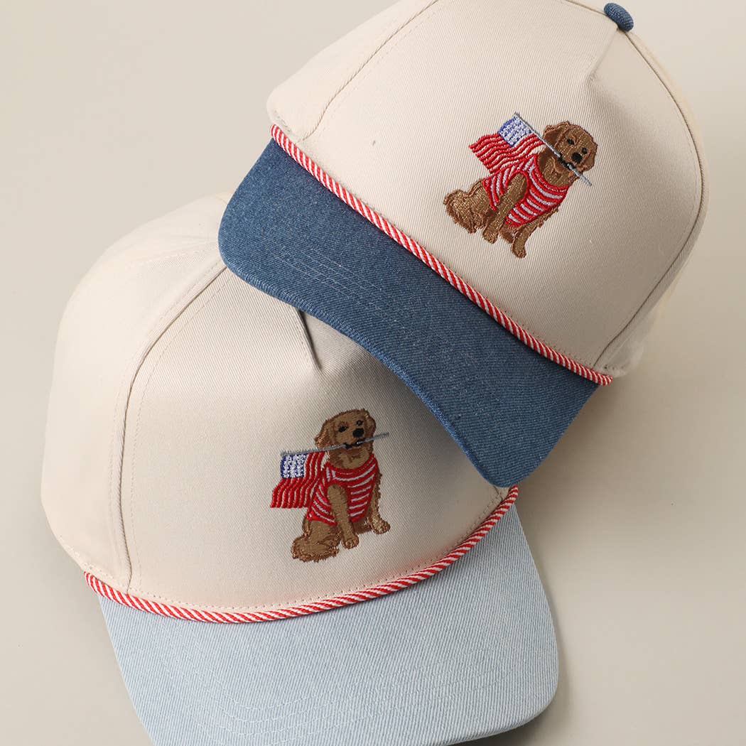 Golden Retriever Holding USA Flag Denim Brim Trucker Hat: DK DENIM / ONE SIZE