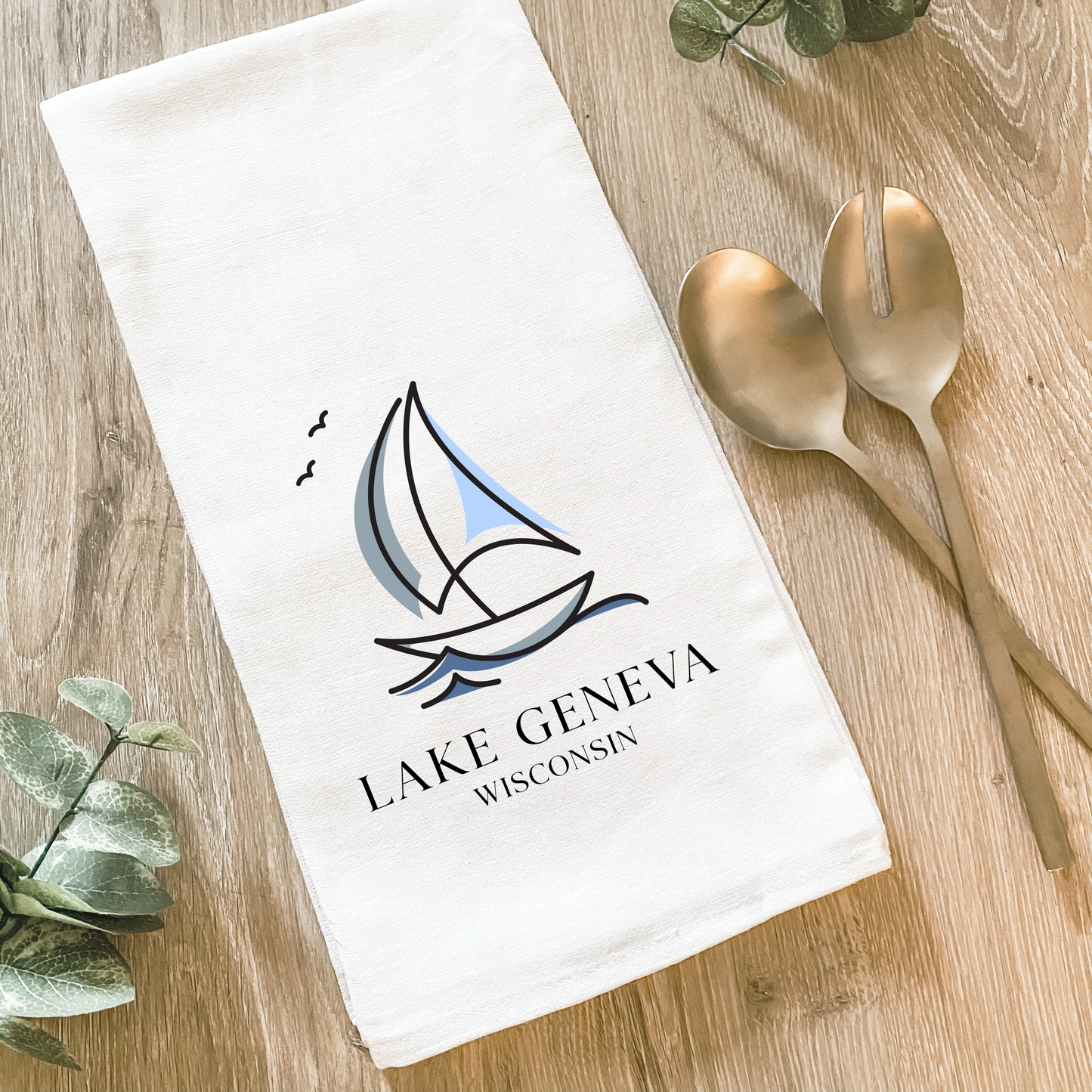 Custom Lake With Sailboat - Cotton Tea Towel