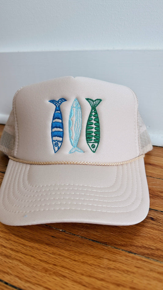 Sardine Hat: Tan hat | light blue green + blue thread