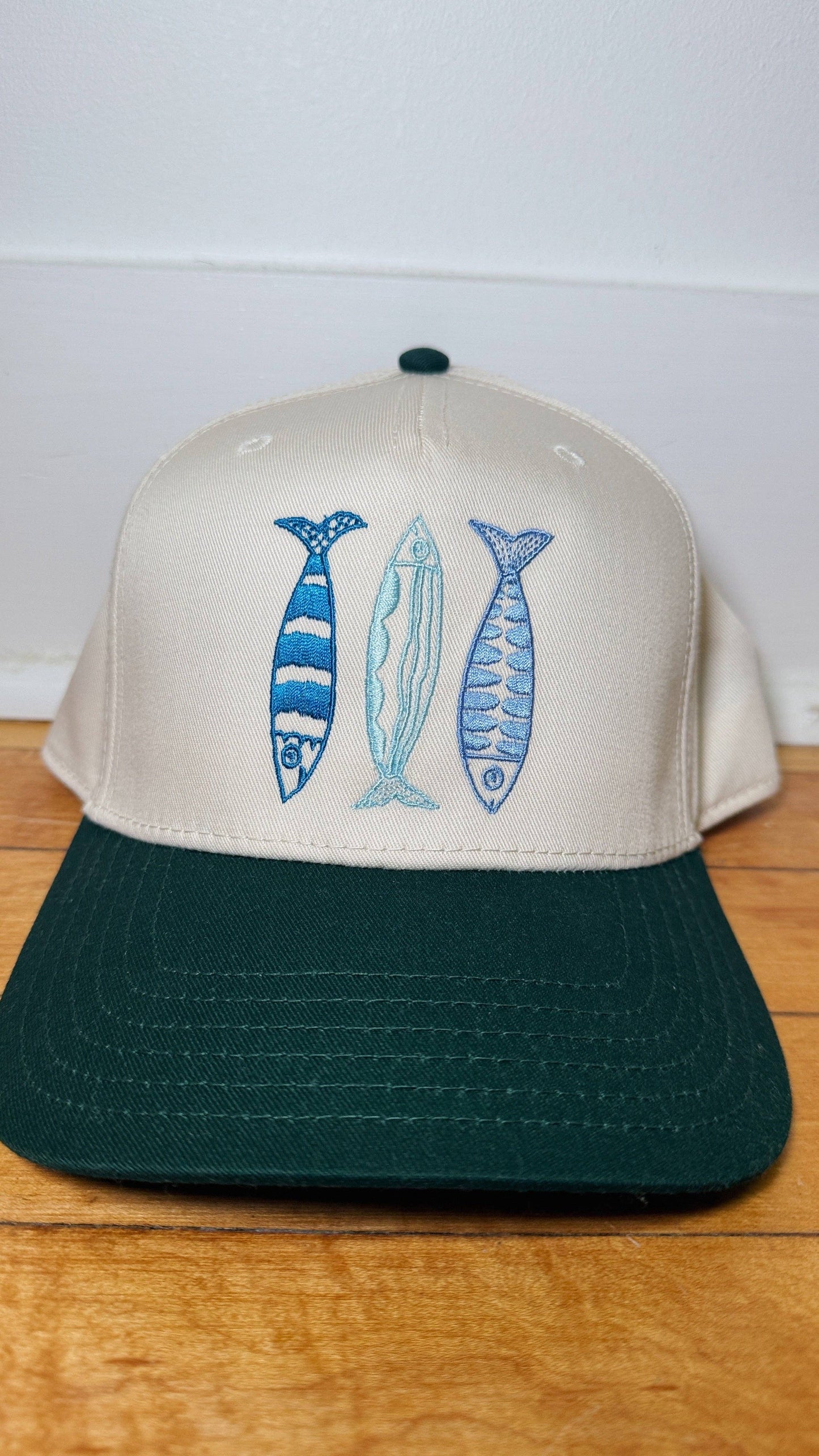 Sardine Hat: Tan hat | light blue green + blue thread