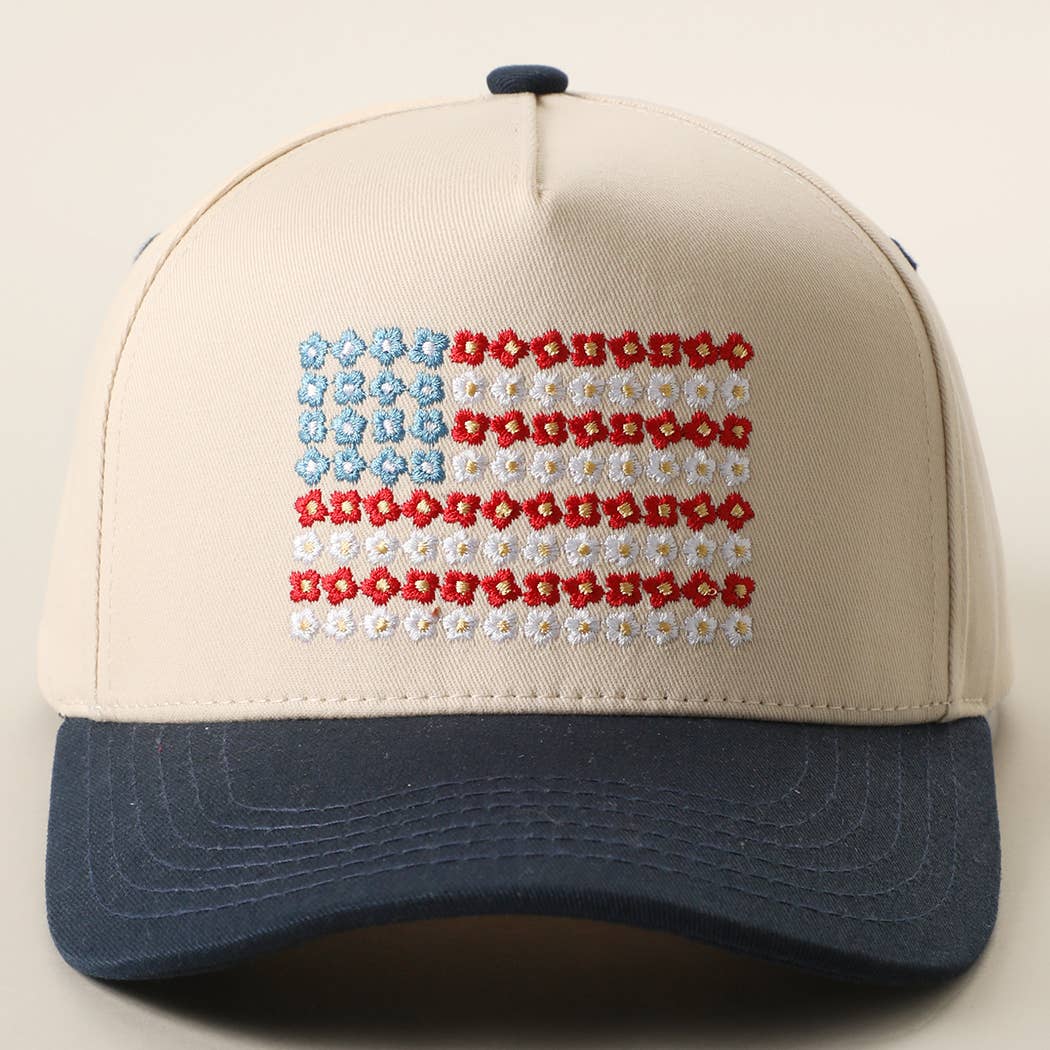 Floral American Flag Embroidered Two-Tone Denim Trucker Hat: LT DENIM / ONE SIZE