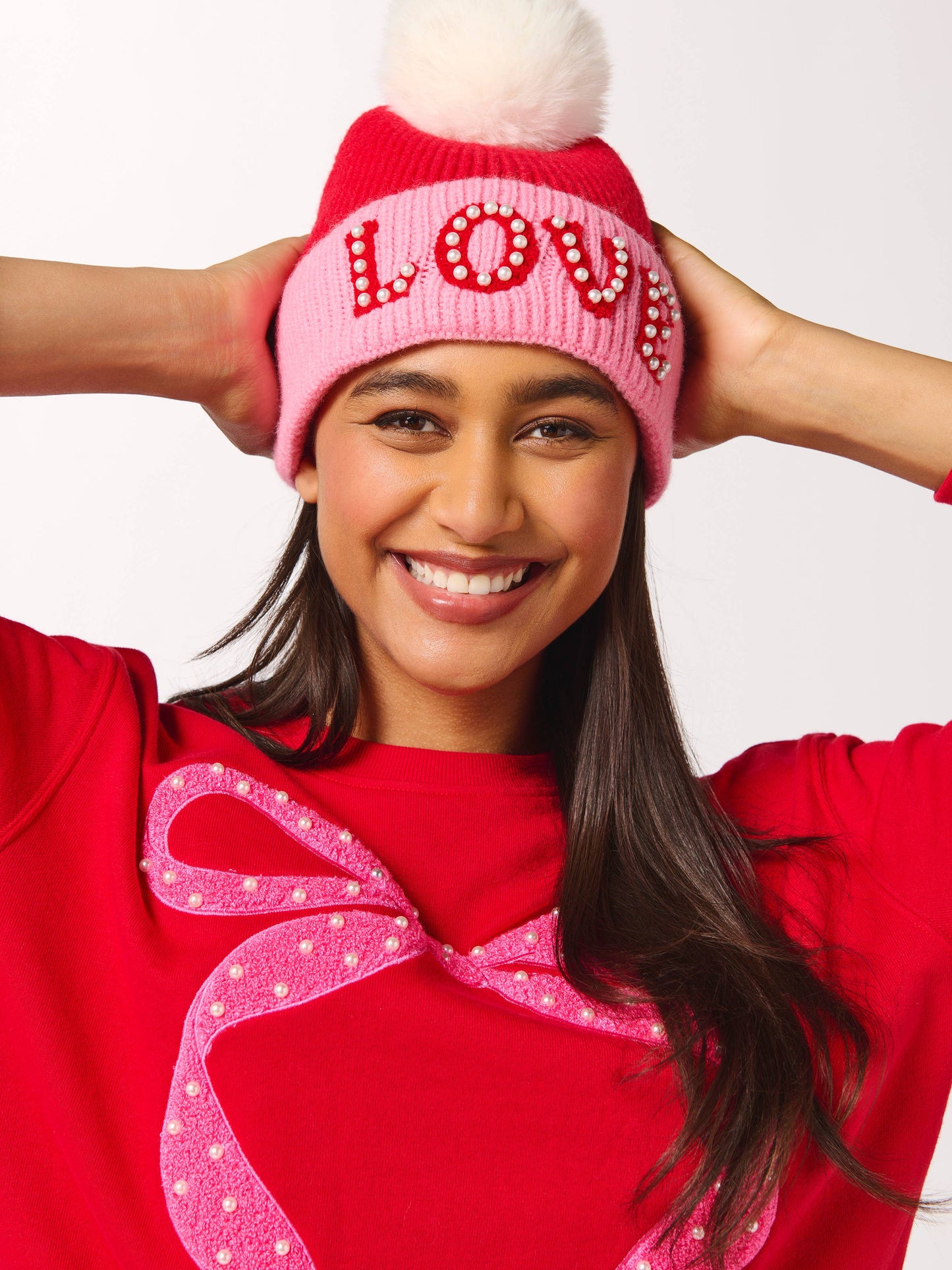 "LOVE" BEANIE WITH PEARLS,RED