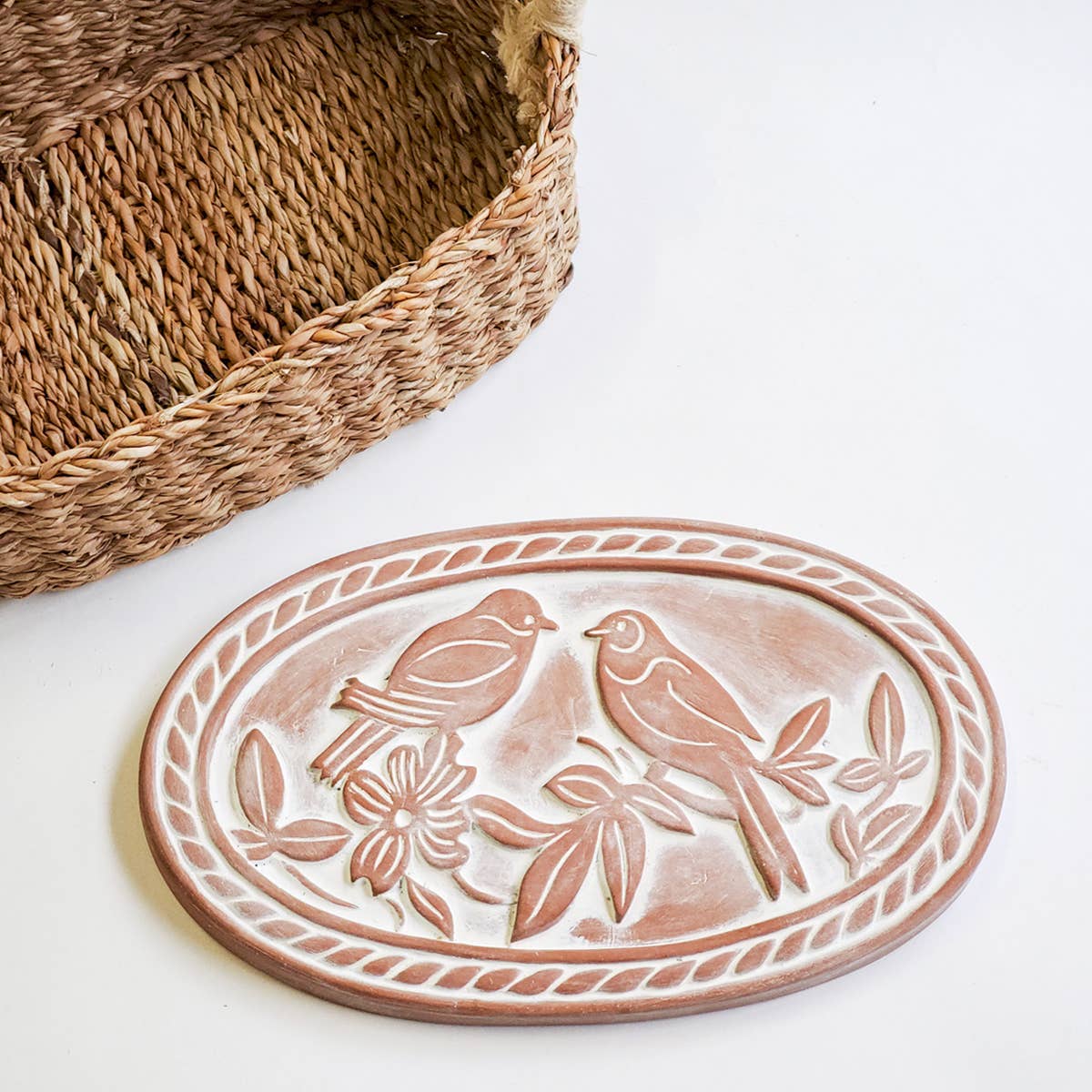 Handmade Bread Warmer & Wicker Basket - Lovebirds Oval