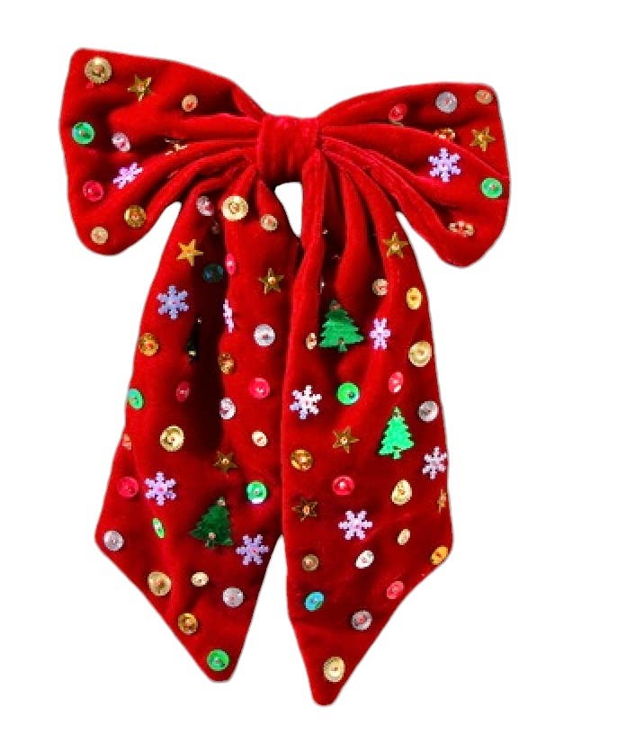 HoHoHo Velvet Long Bow Christmas Holiday Sequin