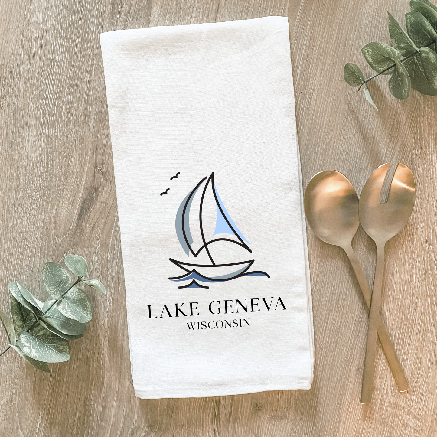 Custom Lake With Sailboat - Cotton Tea Towel