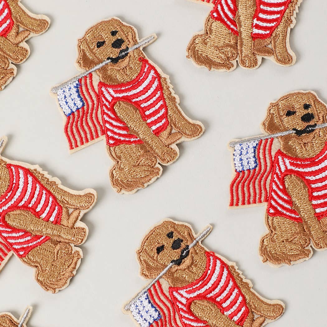Dog Holding USA Flag Embroidered Patch: MULTI / ONE SIZE