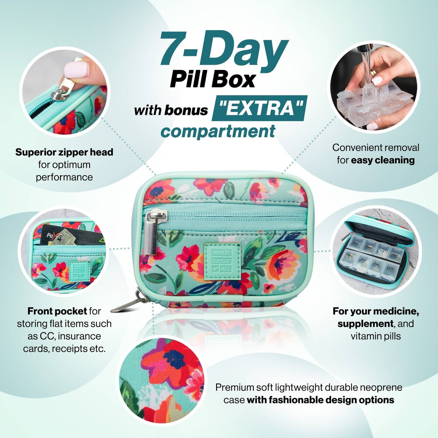 Made Easy Kit Pill Case - Weekly 7-Day Medicine Organizer: Teal Floral