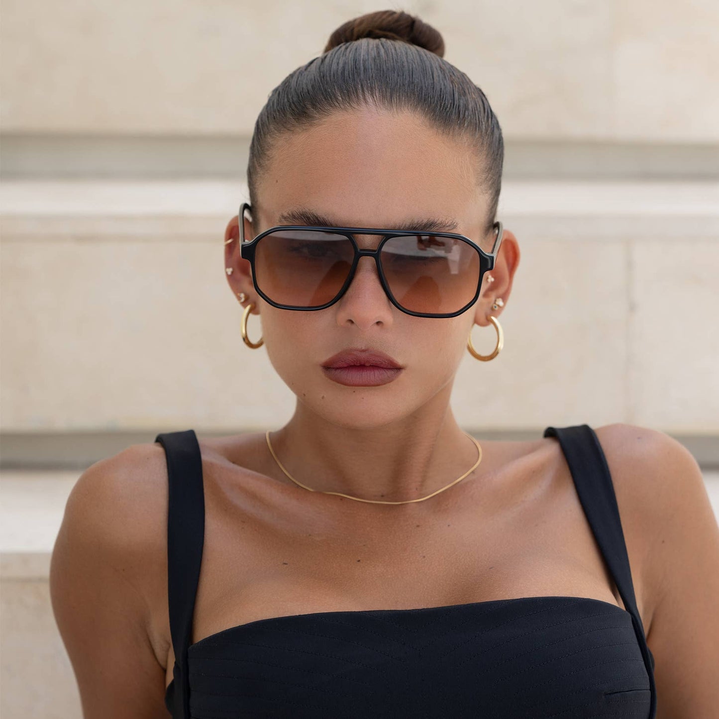 Billie ( NEW ) Unisex Aviator Sunglasses: Black / Brown