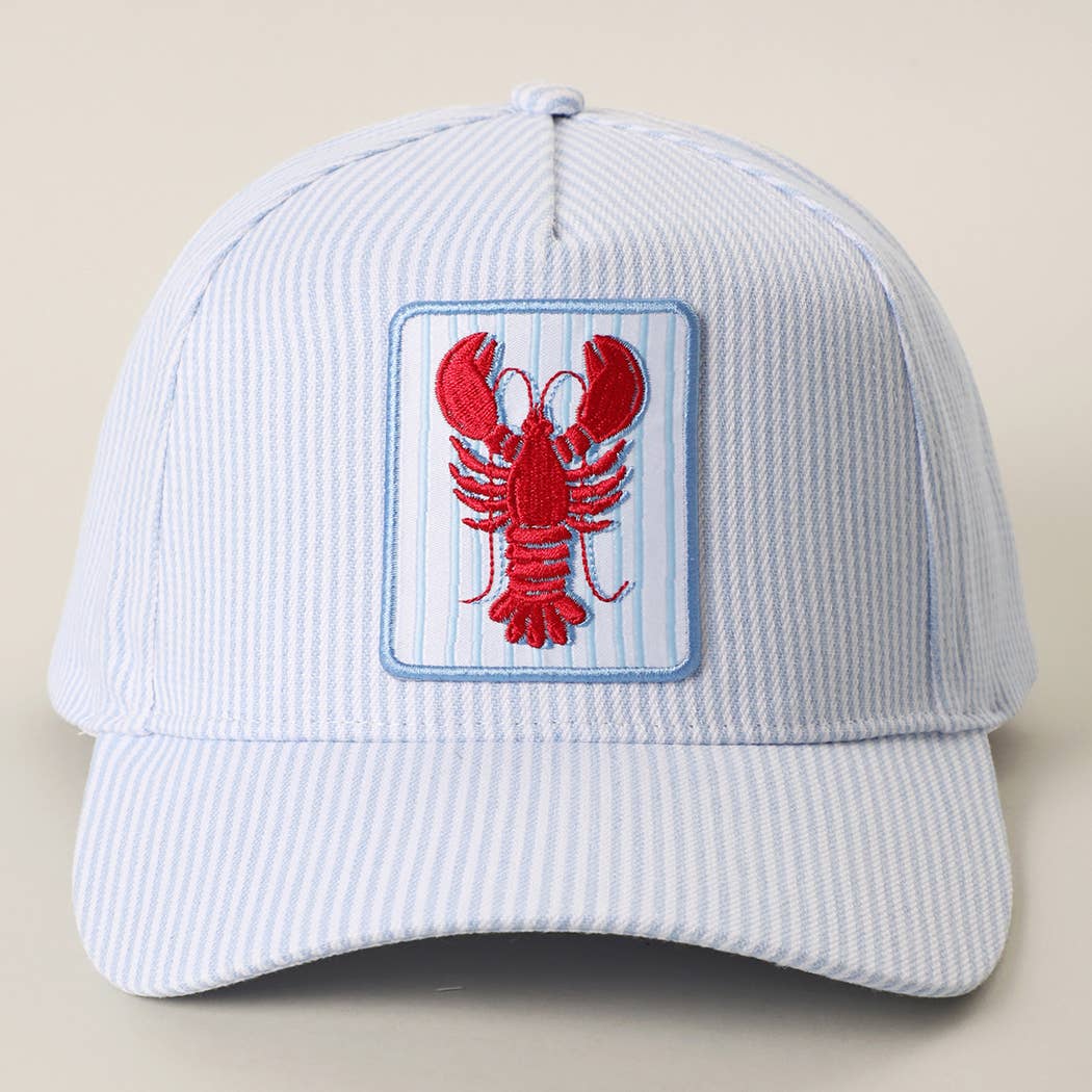 Lobster Embroidered Patch Seersucker Trucker Hat: BLUE / ONE SIZE