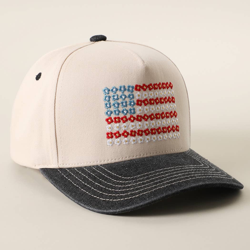 Floral American Flag Embroidered Two-Tone Denim Trucker Hat: LT DENIM / ONE SIZE