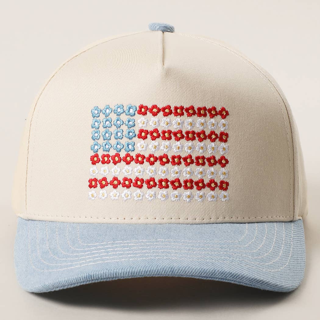 Floral American Flag Embroidered Two-Tone Denim Trucker Hat: LT DENIM / ONE SIZE