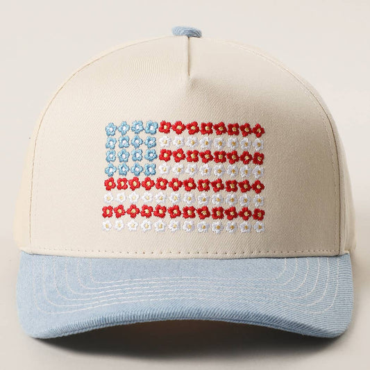 Floral American Flag Embroidered Two-Tone Denim Trucker Hat: LT DENIM / ONE SIZE