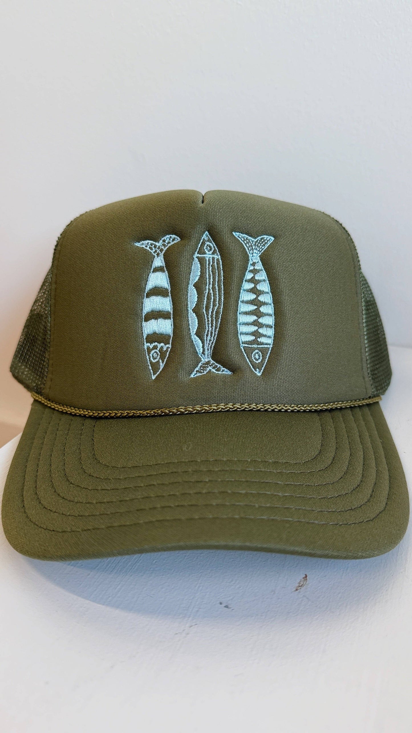 Sardine Hat: Tan hat | light blue green + blue thread