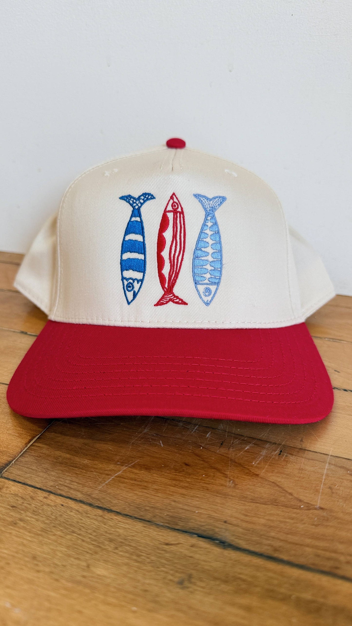 Sardine Hat: Red + tan canvas hat | red white + blue thread