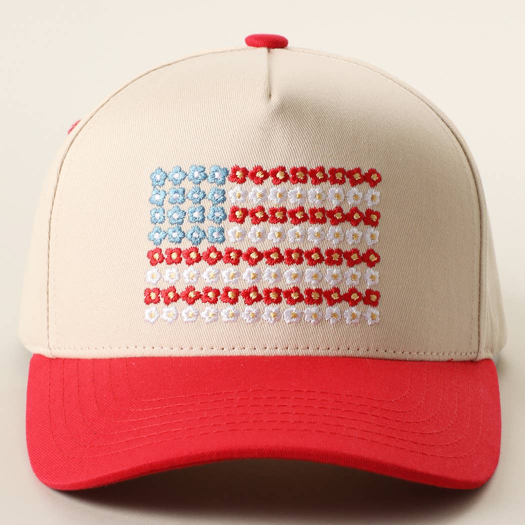Floral American Flag Embroidered Two-Tone Denim Trucker Hat: LT DENIM / ONE SIZE